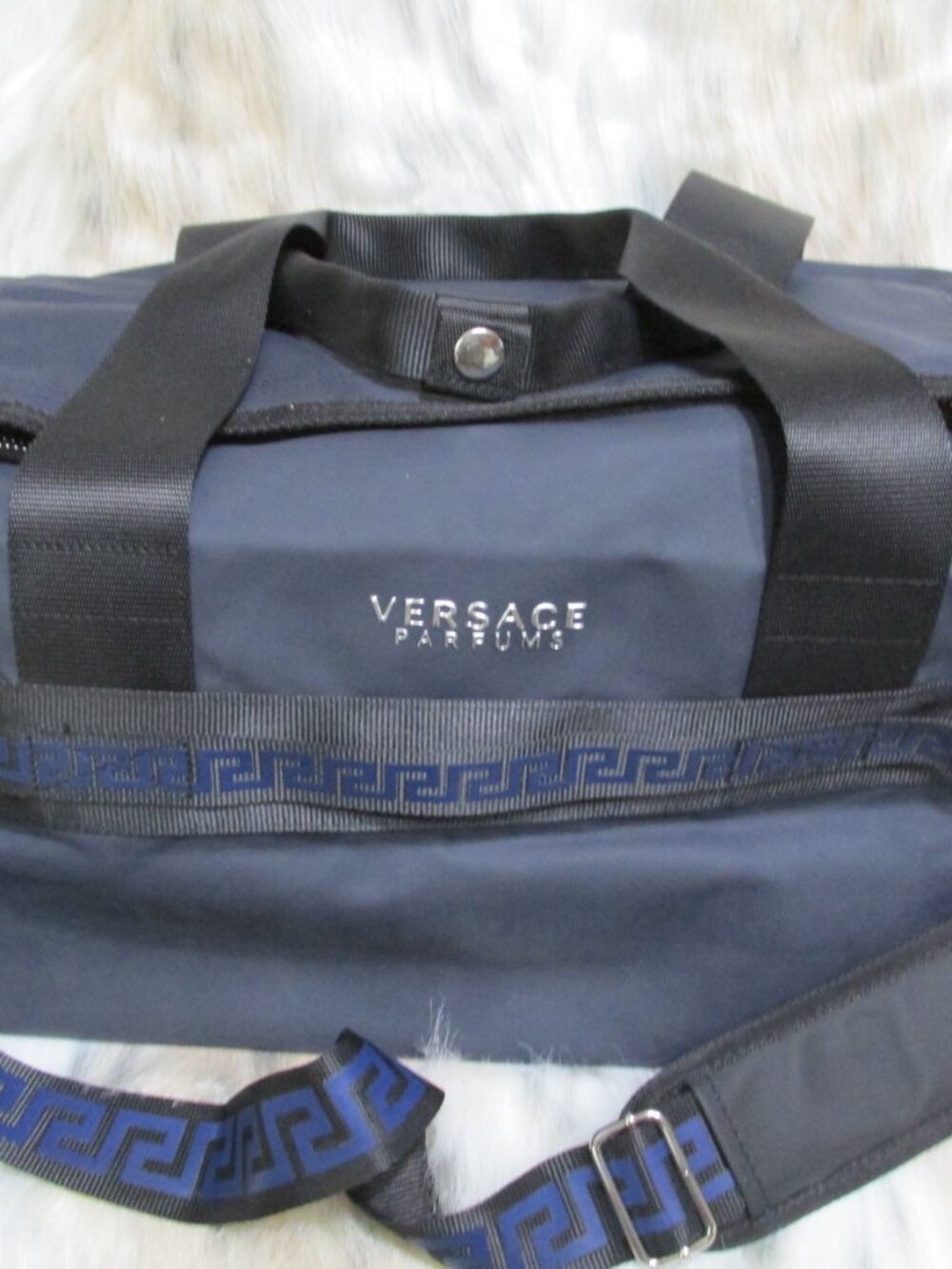P3225-NWOT Versace Pafums Blue Greek Key Duffle & Convertible Backpack